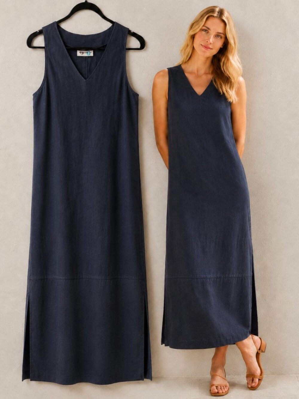Vintage Paul Harris Design Navy Linen Blend Maxi Dress S Coastal Resort Work Bea